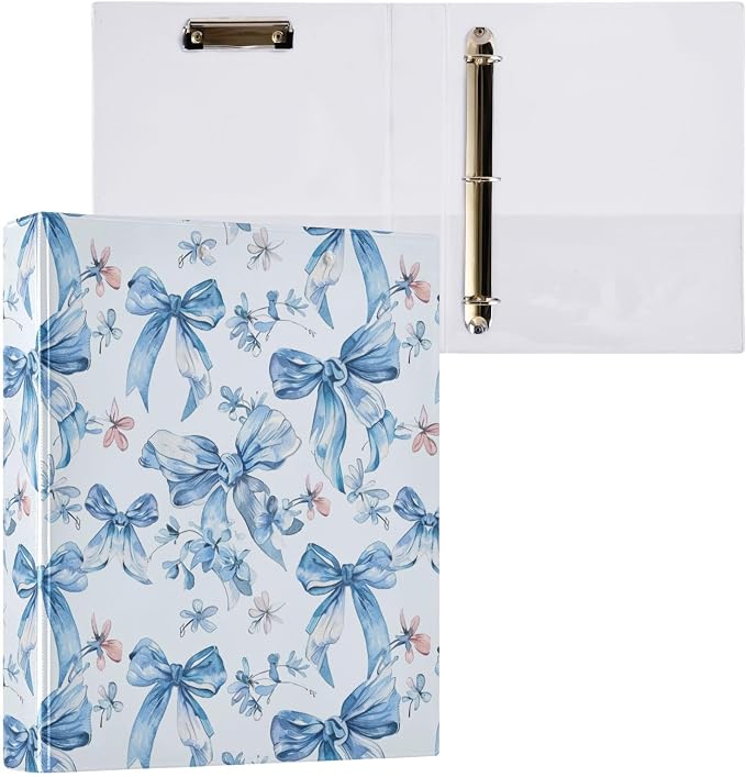 Blue Floral and Bow 3 Round Ring Binders | 1.5 Inch Binder with Clipboard, PVC Pockets, Work Organizer, Holds 200 Sheets for School Office 1 Pack