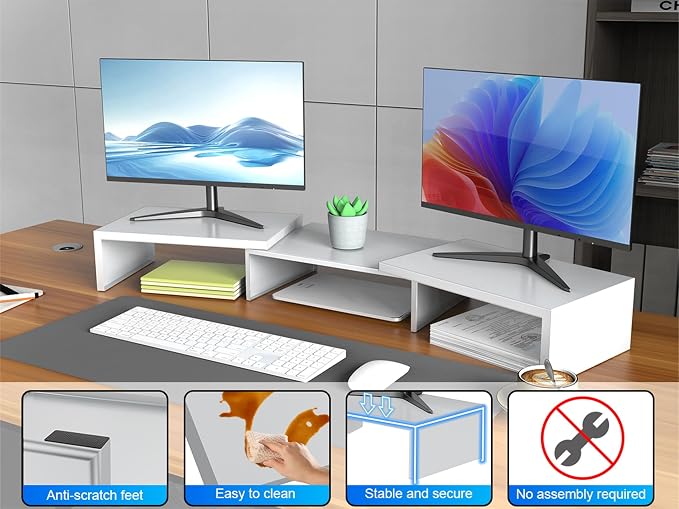 Desk Organizers and Accessories, Dual Monitor Stand Riser, Monitor Desk Shelf for Desktop Organization (White)