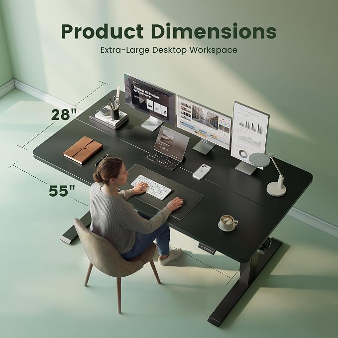 CubiCubi 55 x 28 Large Electric Standing Desk, Height Adjustable, Black | 28" Deep Desktop, Sit Stand up Home Office Desk, Computer Workstations, Advanced Motor, High-Strength Frame, 176 lbs Capacity