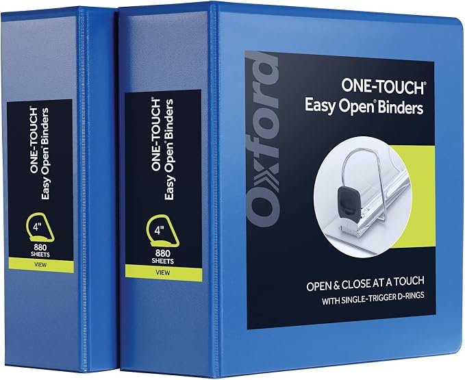Oxford 3 Ring Binders, Durable Binders for School and Office, 4 Inch, ONE-Touch Easy Open D Rings, View Binder Covers, 4 Interior Pockets, PVC-Free, Holds 880 Sheets, Blue, 2 Pack (79922)