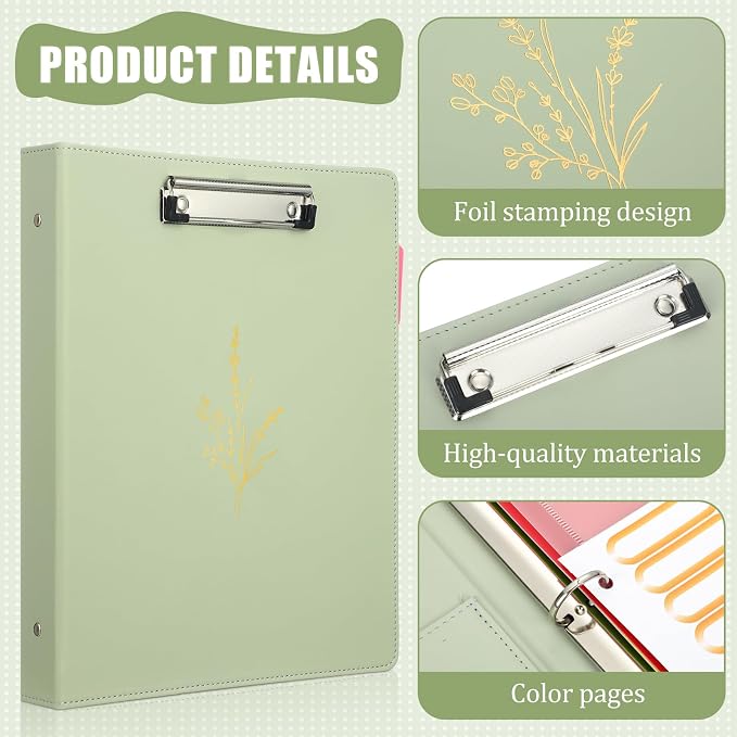 Honoson 2 Sets Leather 3 Ring Binder with Clipboard 1.5 Inch Aesthetic Binders Organizer Fit Letter Sized Paper 13 x 10.2 with 5 Tabs Pockets Dividers Folder and Divider Stickers for School Office