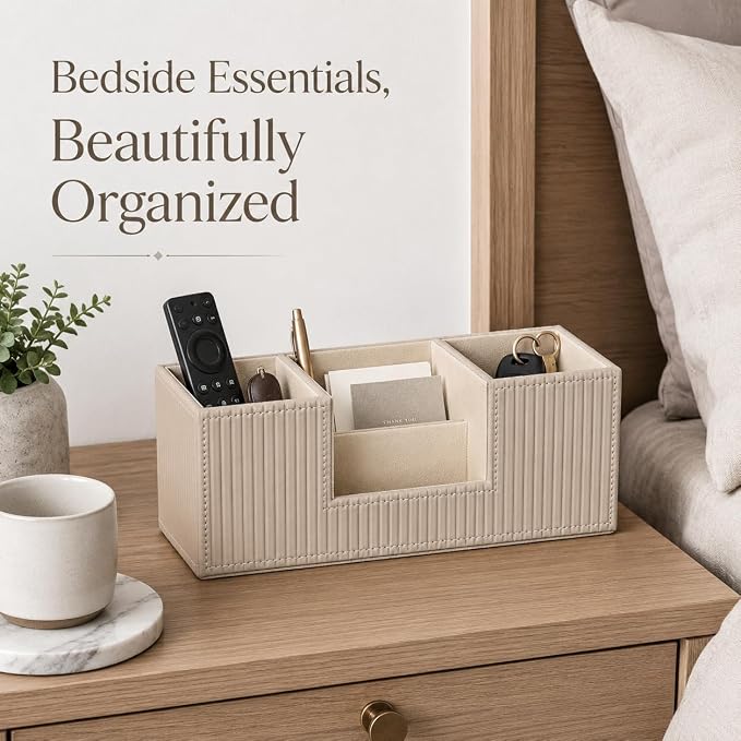 GORESE Pen Holder for Desk, Leather Small Desk Organizer for Office, Beige | 4-Compartment, Vegan Leather, Office Supplies, Desk Caddy Nightstand Organizer for Pen, Pencil, Remote Control, Business Card