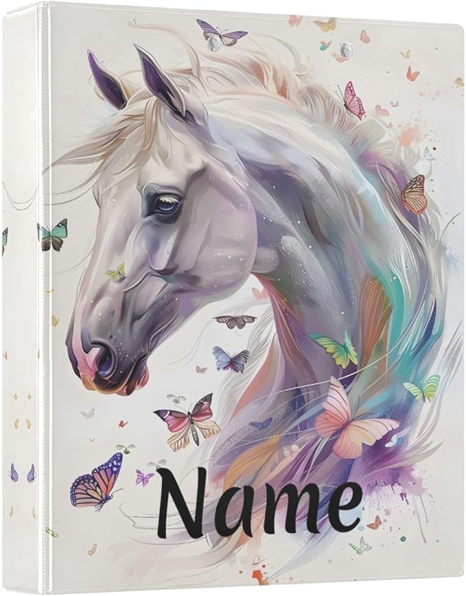 Custom 3 Ring Binder White Horse Butterflies 1.5" Round Ring Binders Personalized Name View Binder with 200 Sheet for Kids School Supplies Women Men Office, 1 Pack