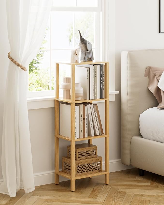 Open Book Shelf, 4 Tier Small Bookshelf, Freestanding Shelf Narrow Bookcase with Open Shelves, 14.96" x 10.63" x 41.26", Book Shelves for Living Room, Office, Study, Oak