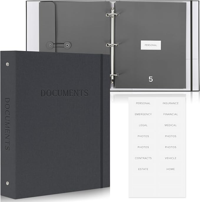 Important Document Organizer Set with Folders - Complete Linen Ring Binder | Safely Stores All Documents and Files in One Place - Easy to Use Expanding Storage with Envelopes, Pockets and Labels