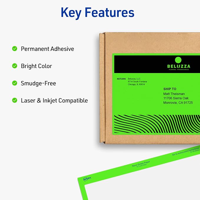 Avery® Printable Shipping Labels, 5-1/2" x 8-1/2", Neon Green, Laser & Inkjet Compatible, 200 Blank Labels Total, Great for Branding, Mailing, Organizing, and More (5952)