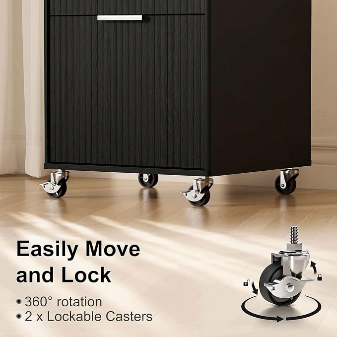 3 Drawers Fluted Mobile File Cabinet with Lock, Rolling File Cabinet Printer Stand Table, Under Desk Wooden Filing Cabinets for Home Office Essentials Storage Organization Furniture Letters/A4(Black)