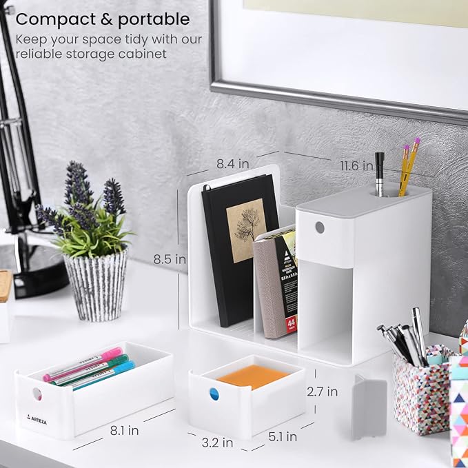 ARTEZA Desktop Storage Rack with Divider – 3 Drawers for Art and Office Supplies, Pencil Holder Organizer for Desk, 11.57 x 8.43 x 8.5 in, Cool Gray