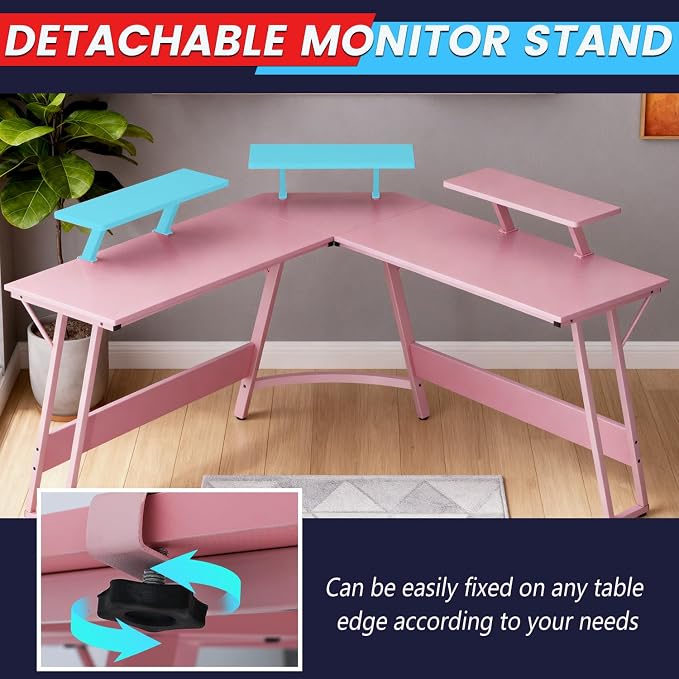 FDW L Shaped 51 Inch Gaming Desk,Corner Computer Desk,PC Gaming Desk,Writing Workstation with Large Monitor Stand for Home Office,Soft Pink