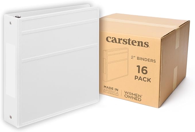 Carstens 2-Inch Heavy Duty 3-Ring Binder - Side Opening, White, Durable Plastic, No-Gap Rings, Waterproof Covers, No Pockets, Holds 300 Letter-Sized Sheets, BPA-Free, Made in USA (2846-3R), Case of 16