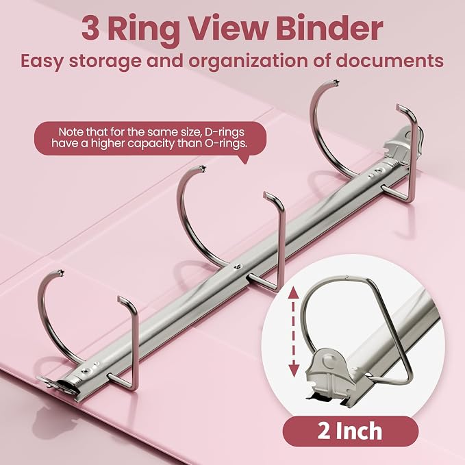 SUNEE 3 Ring Binder, 2 Inch Clear View PVC-Free (Fit 8.5x11 Inches) for School or Office, Pink, 1 Pack