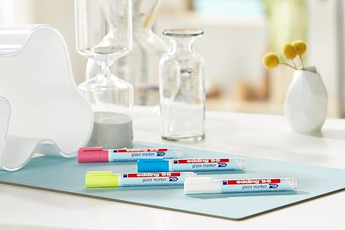 edding Multicolored & White 95 Glass Marker, 4pcs- Dry Erase Markers for Various Uses and Glass Surfaces Like Windshields, Windows, Glassboards, Mirrors, Menu Board and White Board - Made in Germany