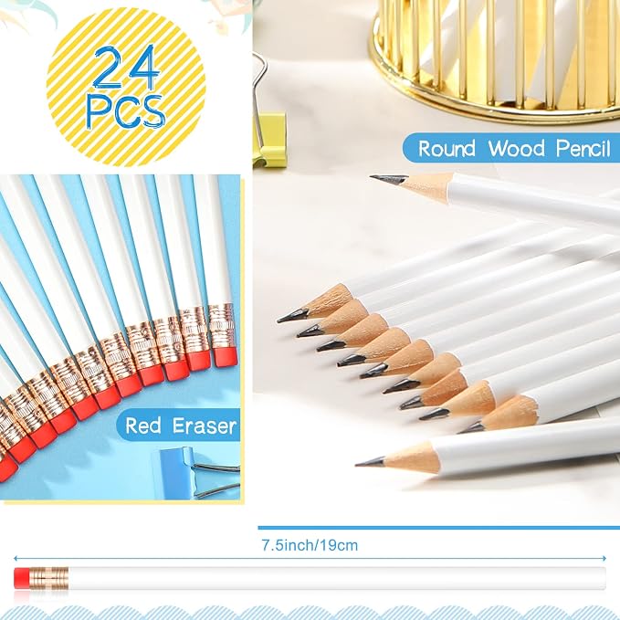 Outus 24 Pieces Round Pencils Cute HB Graphite Wood Pencils Bulk with Eraser for School Writing Drawing Sketching Wedding Office Supplies(White)