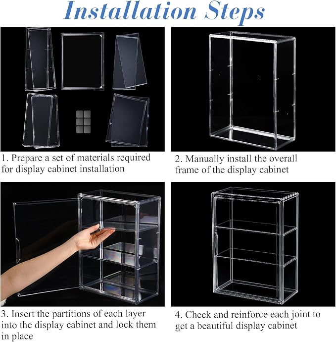2 Pcs Clear Acrylic Display Case 3 Tier Display Shelf Storage Boxes Cabinet Organizer with Magnetic Door for Figures Toys (Clear)