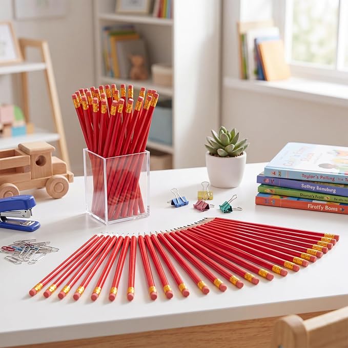 Outus 144 Pieces Round Pencils Cute HB Graphite Wood Pencils Bulk with Eraser for School Writing Drawing Sketching Wedding Office Supplies(Red)
