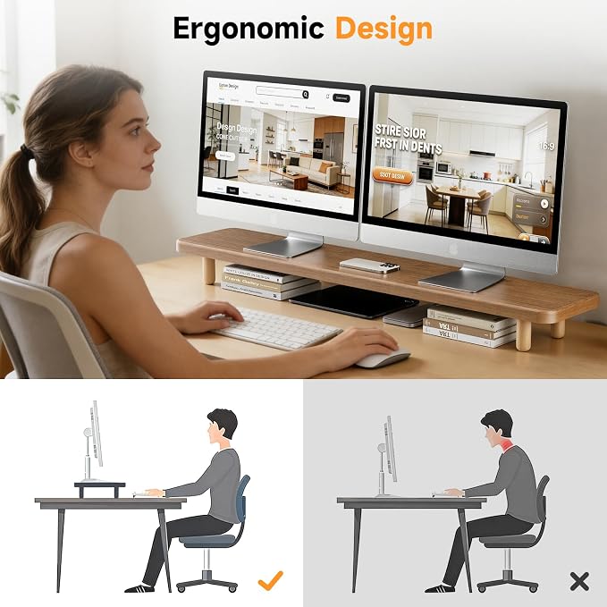 Dual Monitor Stand Riser, 39 Inch Extra Long Wooden Desktop Monitor Riser with Storage for 2 Monitors Ultra Strong Desk Shelf Organizer Riser Ergonomic for 2 Screens/Laptop/PC/TV/Printer (Walut brown, 39inches)