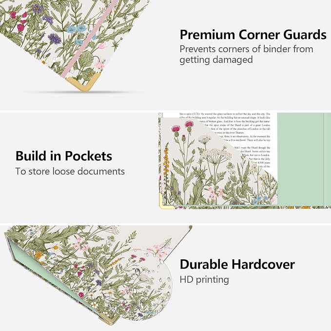 3 Ring Binder 3 Inch, Cute Decorative Hardcover Low Profile Clipboard with Storage, 3'' Round Ring Binders for Letter Size Paper, Durable Binder Organizer for School Office Supplies(Garden Flowers)