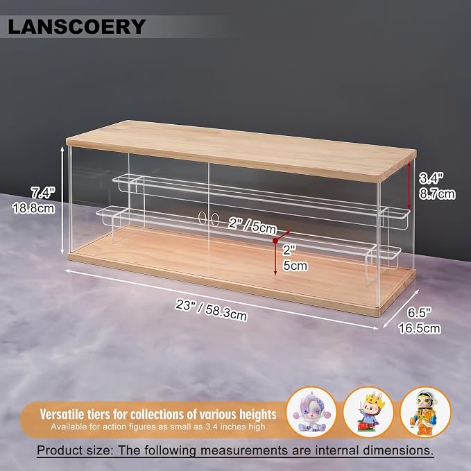 LANSCOERY LED Lighted Acrylic Display Case, 3 Tier Display Box for Collectibles and Action Figures, Clear Dustproof Organizer with Wooden Base – 23x6.5x7.4inch