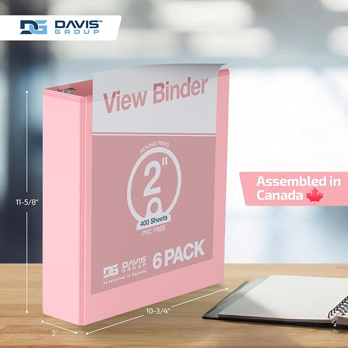Pack of 6 Premium View Binders, Ring Binders with Clear-View Cover and Interior Pockets, Pastel Color Options, 2 Inch, Blush