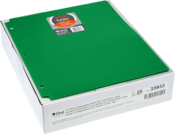 C-Line Two-Pocket Heavyweight Poly Portfolio Folder with Three-Hole Punch, Box of 25, Green (33933-25)