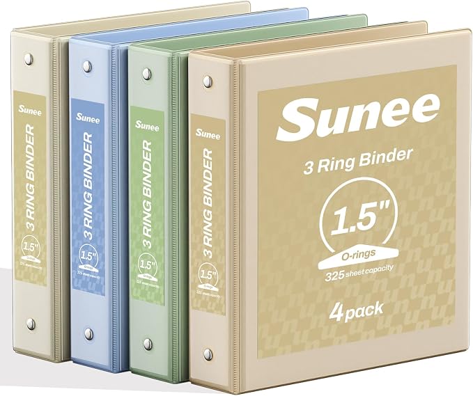 SUNEE 3 Ring Binder 1.5 Inch 4 Pack, Clear 1 1/2 Inch View Binder Three Ring PVC-Free (Fit 8.5x11 Inches) for School or Office Supplies, Neutral Aesthetic