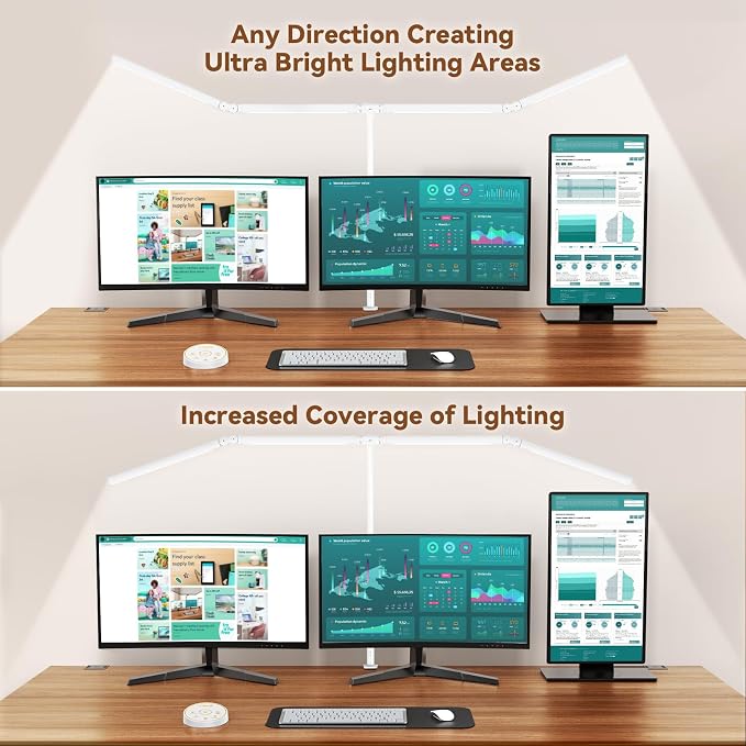 Led Desk Lamp with Clamp: Architect Desk Lamp for Home Office, Eye Caring Double Head Computer Monitor Work Desk Light with Remote Control - 24W Flexible Dimmable Desktop Table Lamp White