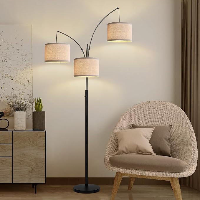 Dimmable 3 Lights Floor Lamp - 3000LM Super Bright Arc Floor Lamps for Living Room, Modern Tall Standing Lamp With Beige Shades, Mid Century Tree Floor Lamp for Bedroom Office, 3 LED Bulbs Included