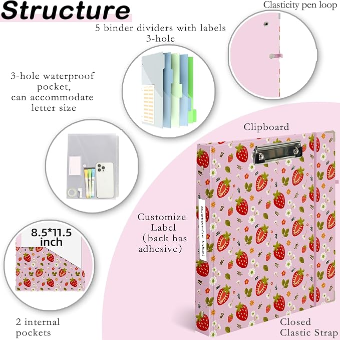 3 Ring Binder 1 inch with Clipboard - Pink Strawberry Design, Includes Dividers, File Bag & Spine Label - Cute and Practical for Students and Organizers, Holographic Waterproof Film