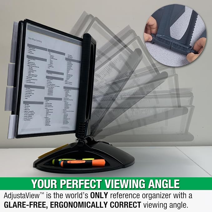 Ultimate Office AdjustaView Supply Base Desk Reference Display Organizer BK | 5 Adjustable Viewing Angles PLUS Functional Supply Storage Base, 10 Letter Size EZ-Load Black Pockets, Easy No Tool Assembly