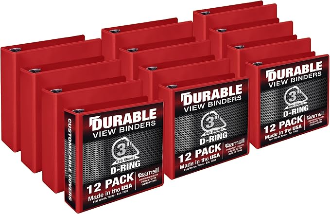 Samsill Durable 3 inch 3 Ring Binder, D Ring Binder, 100% Recycled Chipboard, Red, 12 Pack
