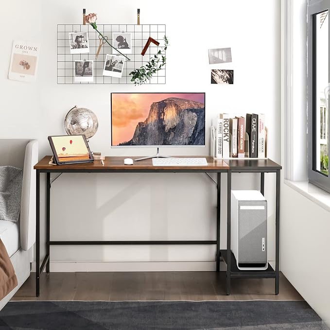 Multifunctional Computer Desk, Industrial Study Writing Desk w/Removable Storage Shelf, Heavy-Duty Metal Frame, 55 Inch Desk for Home Office, Gaming Room, Bedroom (Rustic Brown)