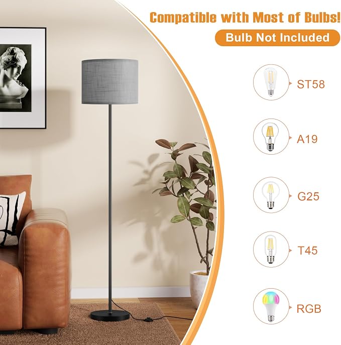 60'' Modern Floor Lamp with Shade, Tall Lamps for Living Room, Bedroom, Office, Dining Room, Linen Grey Shade with Black Pole(Without Bulb)