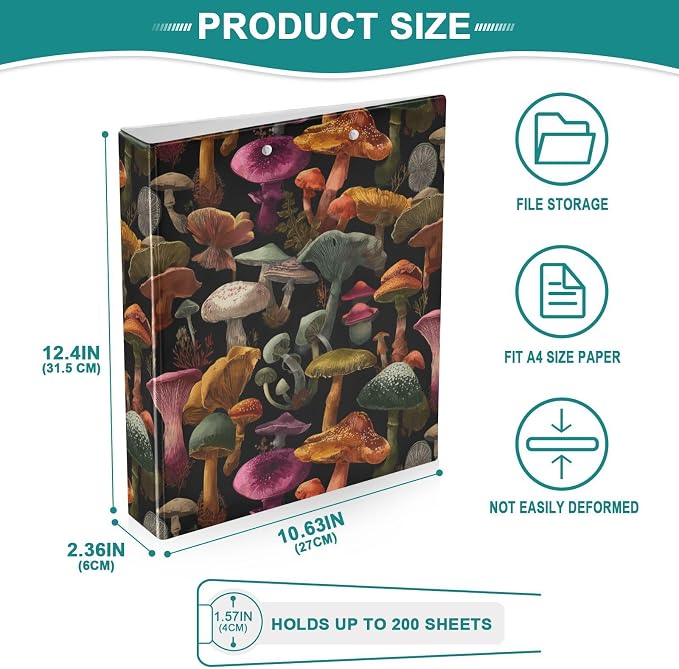 Black Bg Various Mushrooms Binder 3 Ring 1.5 Inch Binder with Clipboard&Pockets, Hardcover Binders Heavy Duty Large File Folder for Office School Supplies - Holds 200 Sheets, 2 PC