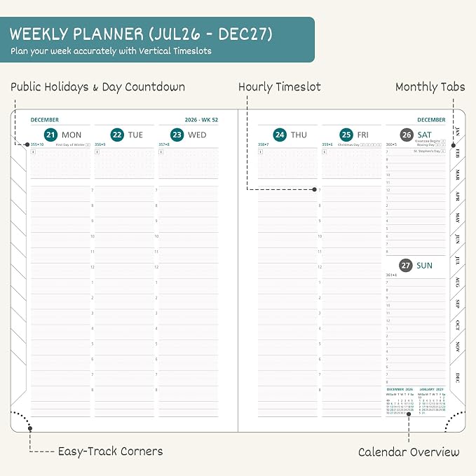 BEZEND Planner 2026-2027 Weekly and Monthly, Hourly Timeslot (8.5"x11")