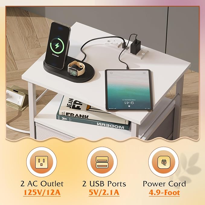 WLIVE Night Stand Set 2, White Nightstand with Charging Station, Nightstands for Bedroom Set of 2, Bedside Tables, Side Table with 2 Fabric Drawers, Small Dresser with USB Ports and Outlets