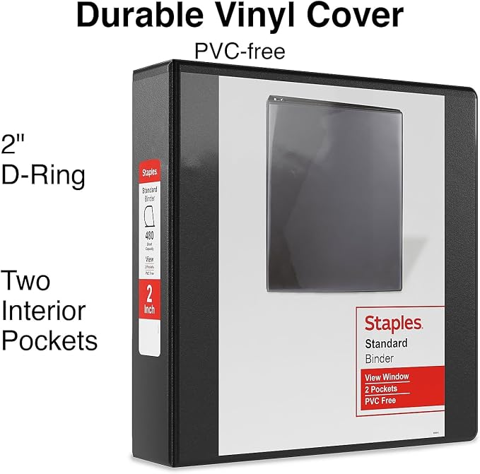 Staples Standard 2-Inch Round Ring View Binder, Black, 350 Sheets | Clear overlay for custom covers. Binder for school and office use.
