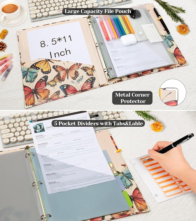 3 Ring 1 Inch Binder Organizer, KLLVE Three Ring Binders with Clipboard, 5-Tabs Pockets Dividers, Plastic Folder, 18 Divider Stikers,Pen Loop (Butterfly, Letter Size)