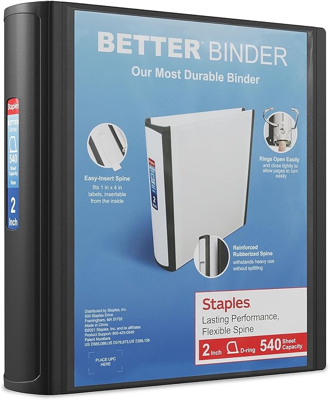Staples Heavy-Duty 2-Inch D-Ring Binder, Black, Large Capacity | 3-ring binder built for durable school and office document storage.