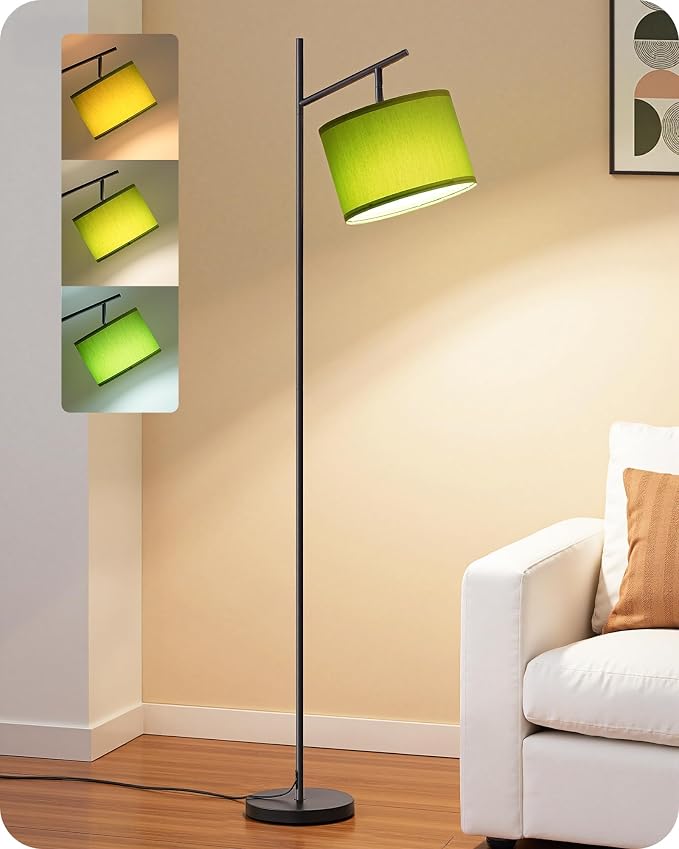 EDISHINE Modern Floor Lamps for Living Room, 64.7" Green Standing Lamp | 3 Color Temperatures, Bulb Included, Adjustable Linen Shade, Foot Switch, Minimalist for Bedroom, Living Room, Office