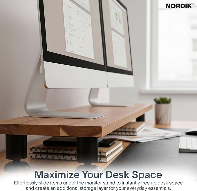 Nordik Dual Monitor Stand Riser -Hardwood Acacia Monitor Shelf (42x10.5 in) | Premium Handmade Acacia Wood Monitor Stand - Easy to Assemble Monitor Riser - Double Monitor Riser with Storage Organizer