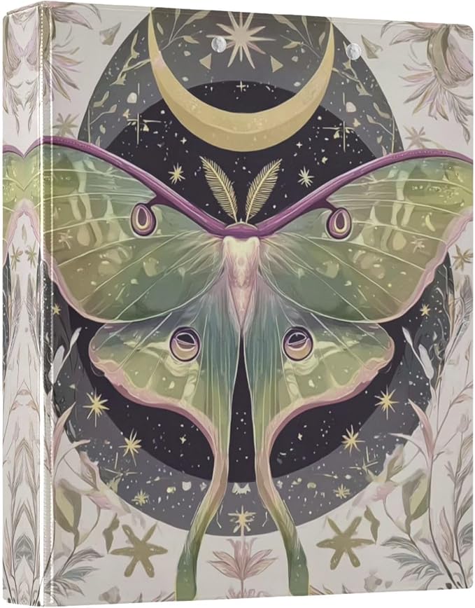 Luna Moths Green 3 Round Ring Binders | 1.5 Inch Binder with Clipboard, PVC Pockets, Work Organizer, Holds 200 Sheets for School Office 1 Pack
