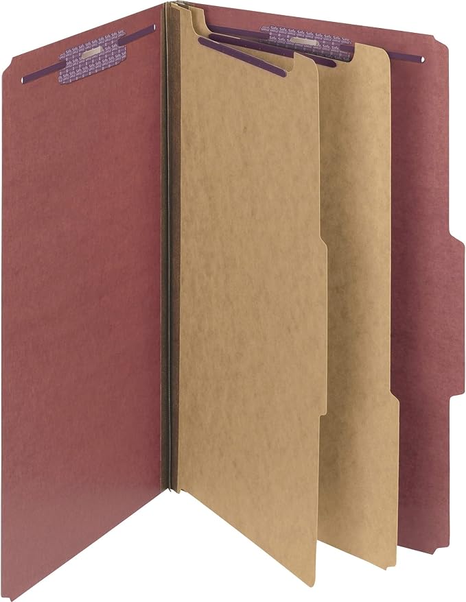 Smead Pressboard Legal Size File Folders with SafeSHIELD Fasteners, 2 Dividers, 2" Expansion, Office Folders, Paper Holder, Red, 10 per Box (19075)