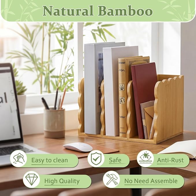 Novabright Scalloped Bamboo Wooden File Magazine Holder Desk Organizer, 3 Vertical Compartments Workspace Sorters for Magazines, Binders, Notebooks, Envelopes