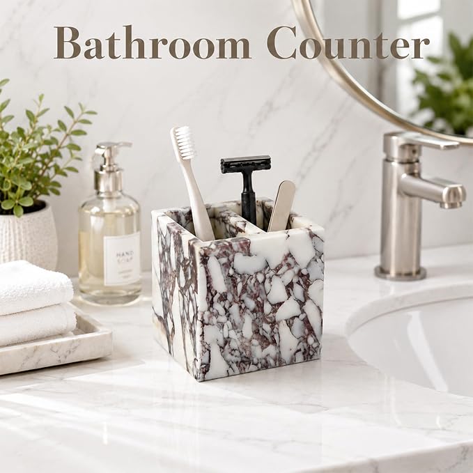 2-Compartment Marble Pen Holder, 3.74 in | Compact 2-section marble holder for pens, makeup brushes, toothbrushes, razors, and slim daily items.