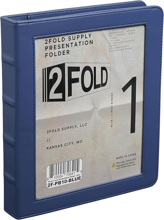 2Fold 3 Ring Binder 1 Inch with Clear Front Pocket - Premium PU Faux Leather Presentation Binder - Extra Storage Pockets for Office Supplies, Business Card Holder, and Pen/Pencil Loop (1 Inch, Blue)