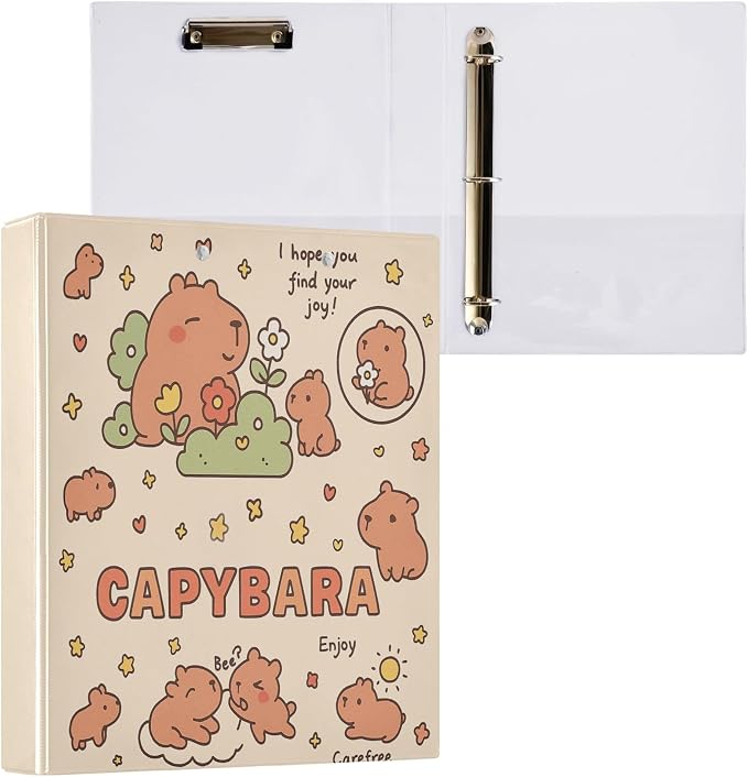 Capybara Round Ring Binders 1.5 Inch Cats Dogs Animals 3 Ring Clipboard Binder for Office School Work Supplies File Folder 200 Sheet Capacity Easy Open 2 Pieces