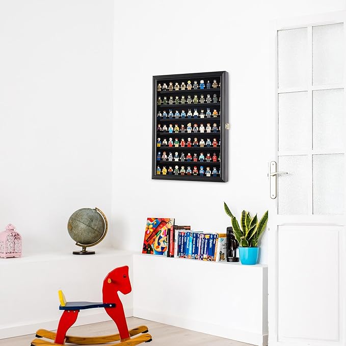 Minifigure Display Case - Building Block Toy Wall Cabinet Showcase for Small Miniature Collectibles Mini Brands Thimbles, 2.25" Shelf Height Lockable UV Protection Door (Black Finish Frame)