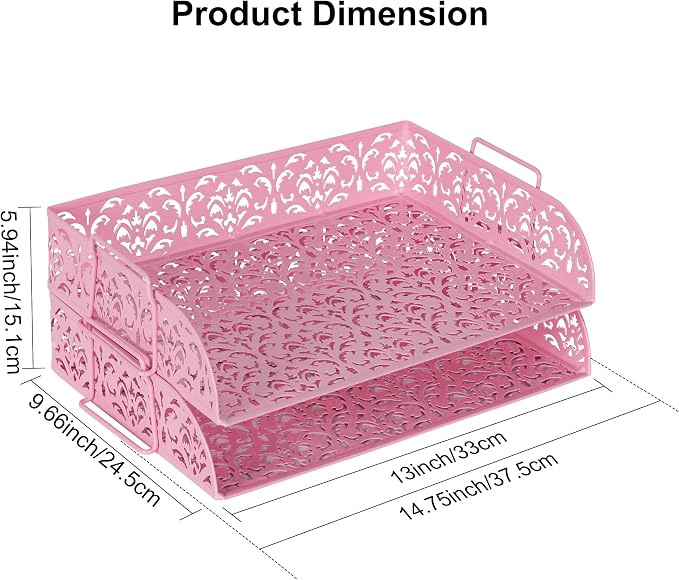 EasyPAG Paper Organizer for Desk 2 Tier Stackable Paper Tray for A4 Legal Size Folders Metal File Storage Desktop Organizer for Home Office School Teacher, Pink