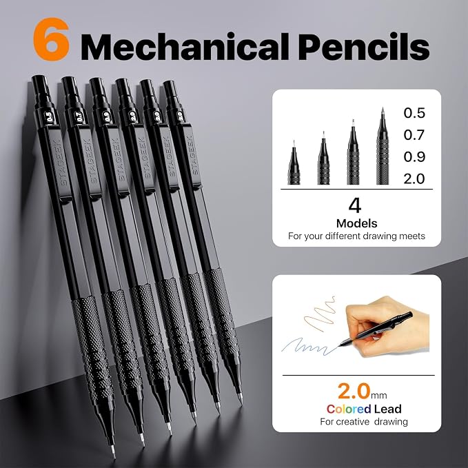 STAGEEK 35PCS Mechanical Pencil Set, 0.5 0.7 0.9 2.0mm Drawing Pencils | 384PCS Lead Refills (6B 4B 2B HB 2H 4H Colors),Sharpener, Erasers,Technical Drawing Kit for Writing, Sketching and Drafting