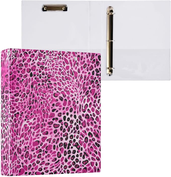 Hot Pink Leopard Print Animal Skin Binder 1.5 Inch Binder with Clipboard&Pockets, Hardcover Binders 3 Ring, Heavy Duty Large File Folder for Office School Supplies - Holds 200 Sheets